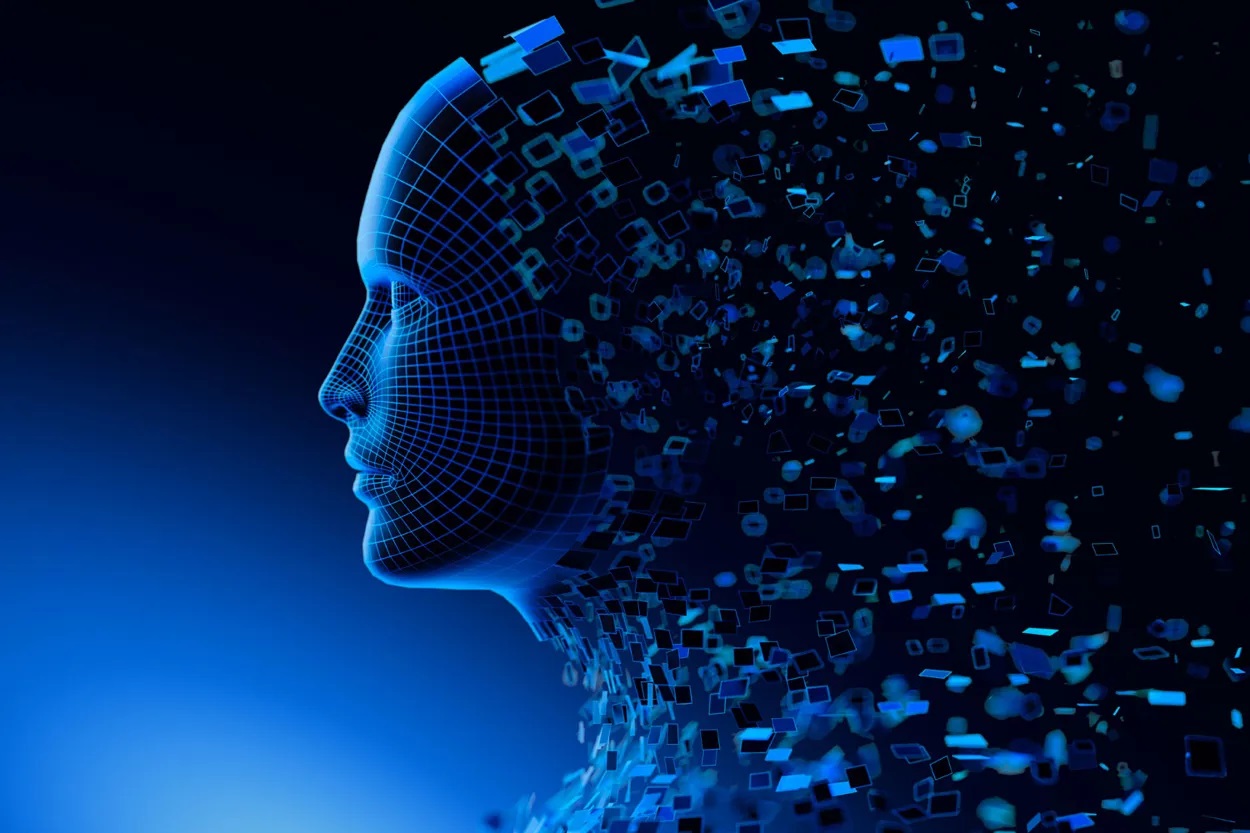 ALT Text: Two men looking at date and having the binary code floating Infront of them and out of the computer